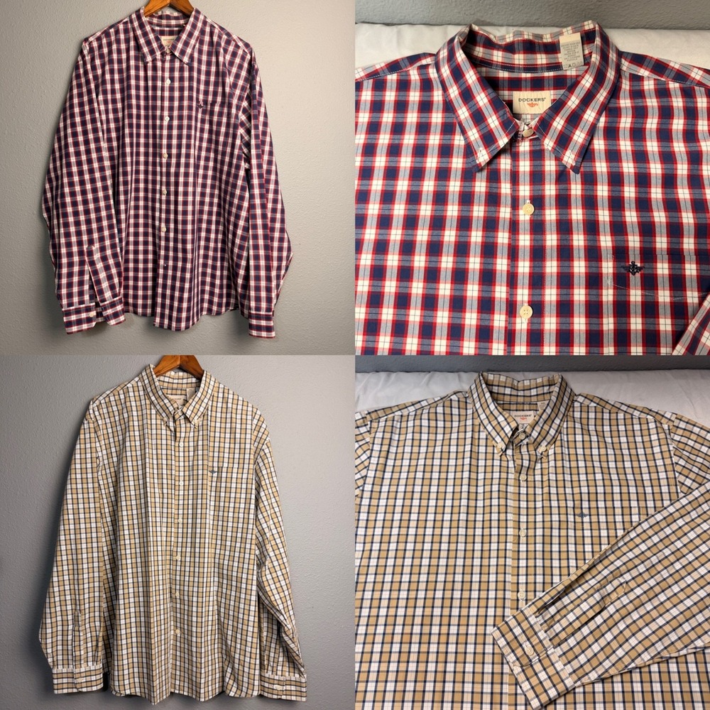 Lot of 2 Dockers Mens Plaid Button Down Shirt L/SL Cotton Polyester Blend Sz XXL